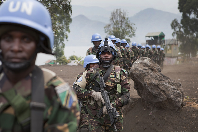 Single file line of MONUSCO soldiers
