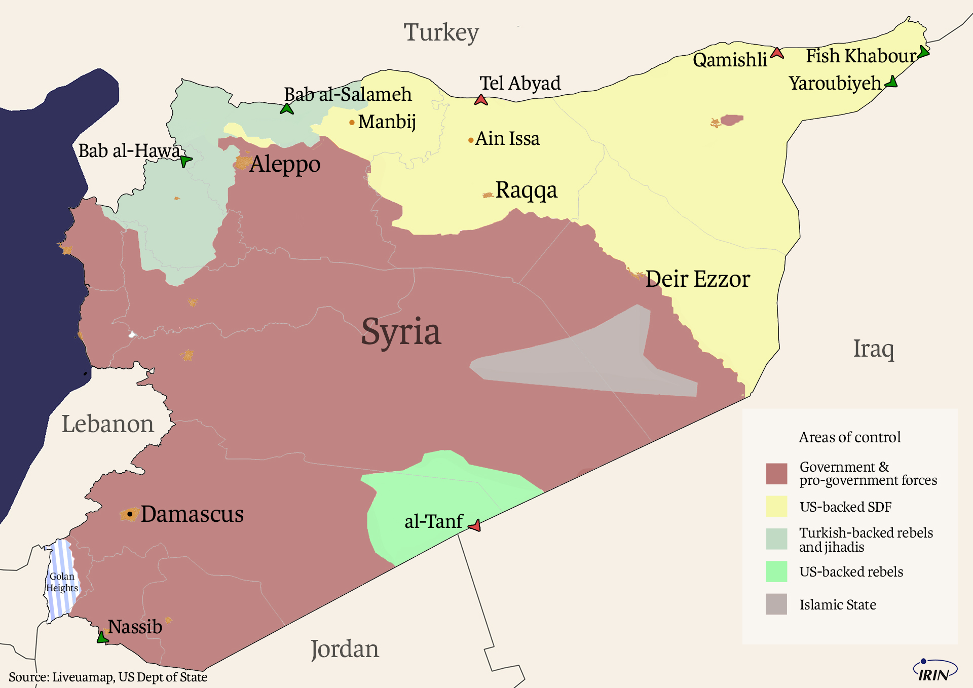 Map of Syria showing control and borders as of January 2019