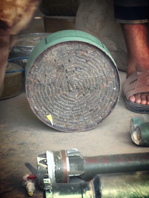 A gas canister converted into a mine or improvised explosive