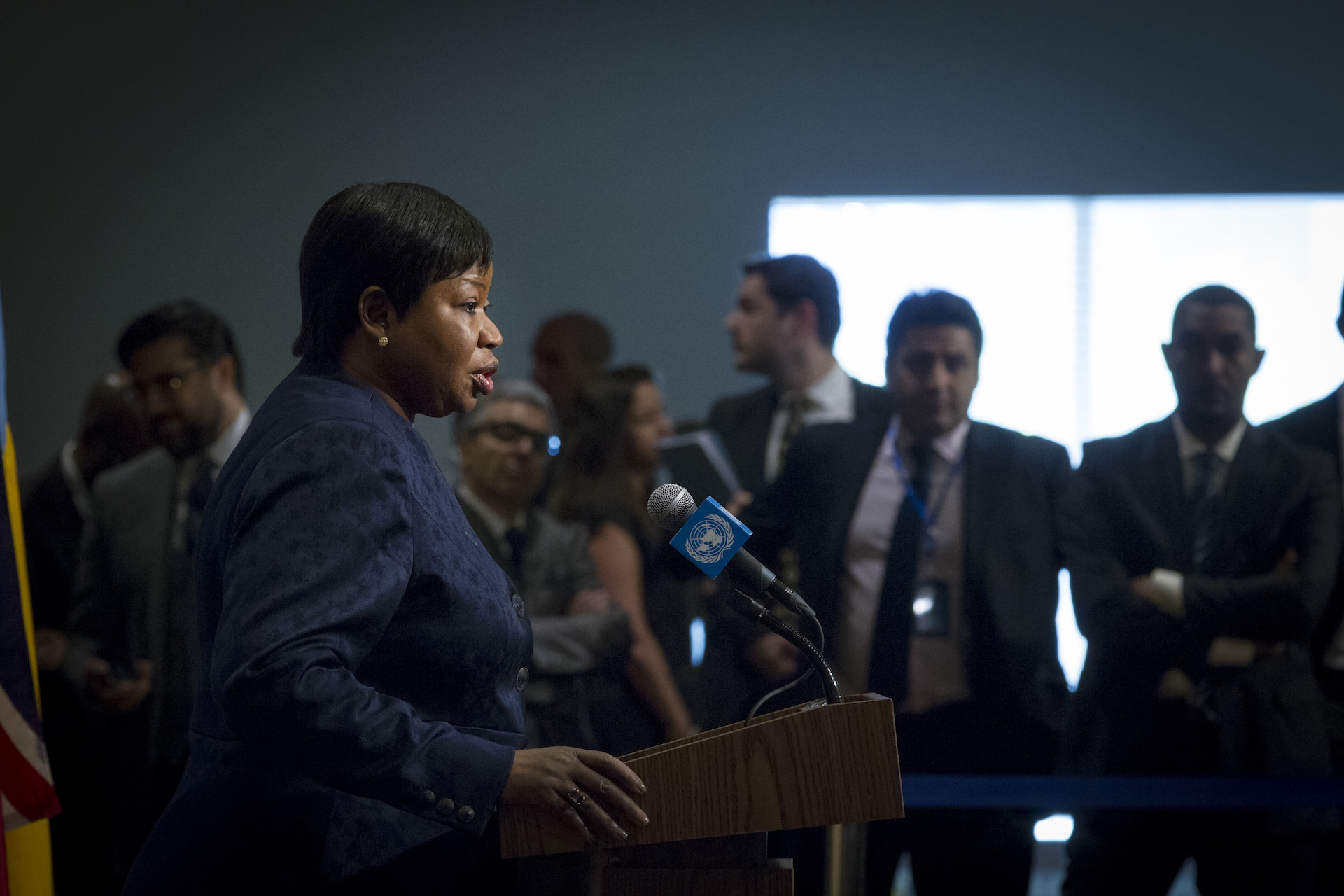 Fatou Bensouda, prosecutor of the International Criminal Court, speaks to journalists after a briefing at the UN Security Council in May 2016.