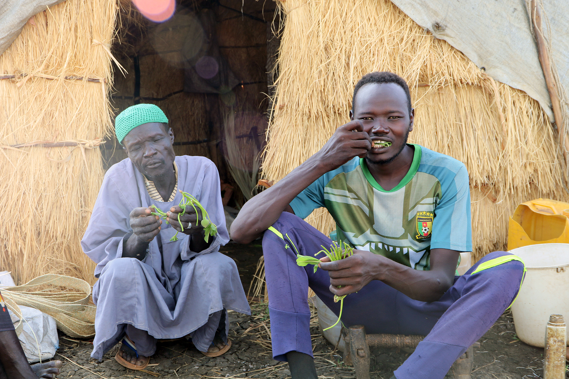 Awadallah Yacob chews on a Baobab leaf outside his home with his neighbours in South Ulu Village in Blue Nile. Sometimes it's all he eats for days.