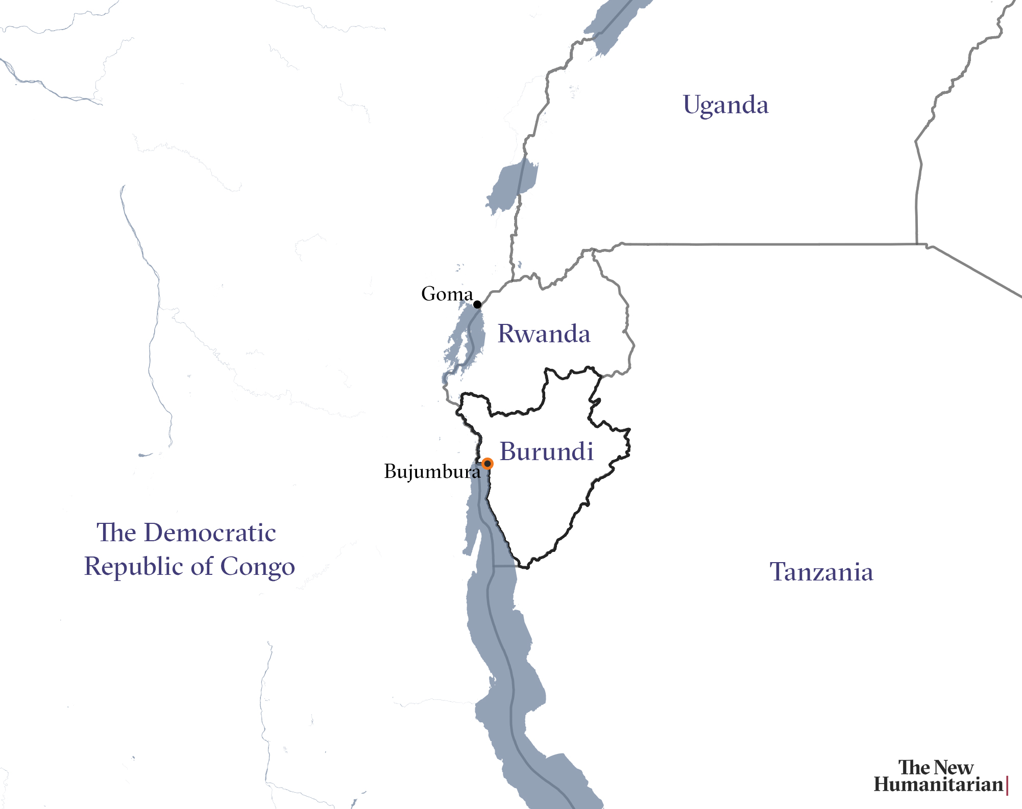 Map showing Burundi and neighbouring DRC, Uganda, and Rwanda as well as Goma and Bujumbura.
