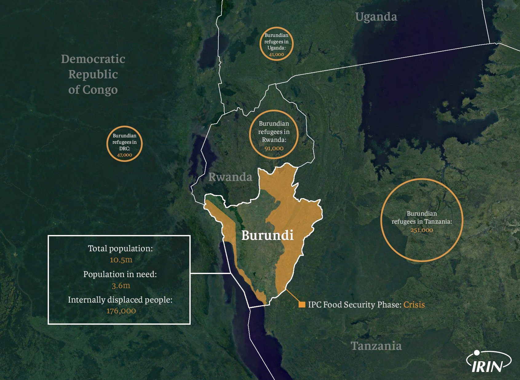 Map of Burundi and neighbours with refugee, IDP, and food security information