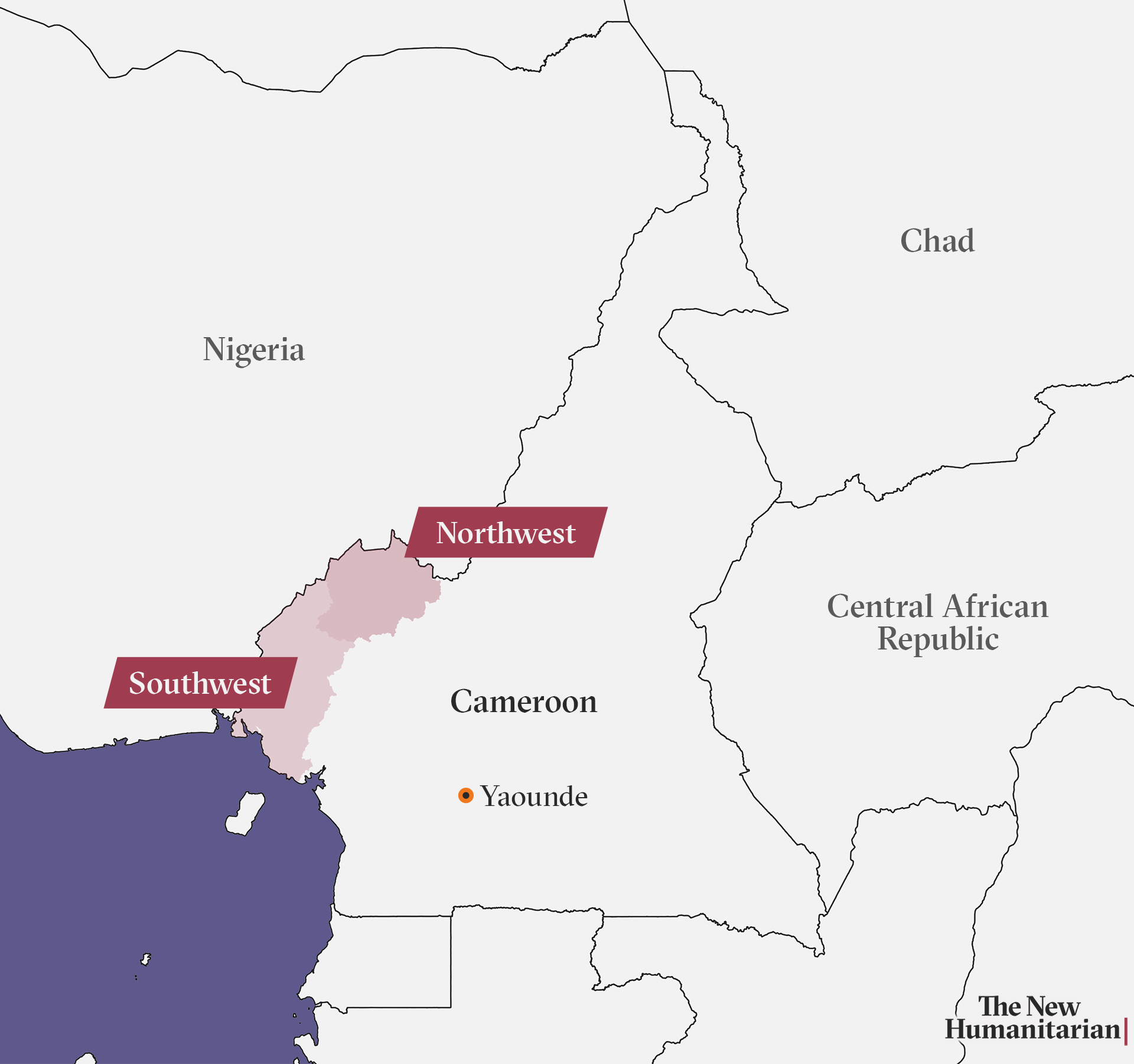 Map of Cameroon showing Northwest and Southwest regions