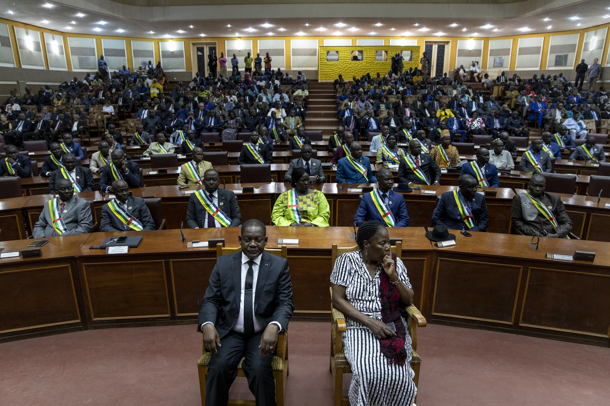 Firmin Ngrebada, the Central African Republic Prime Minister, sitting at the front of the National Assembly, as they launch the last session for 2019.