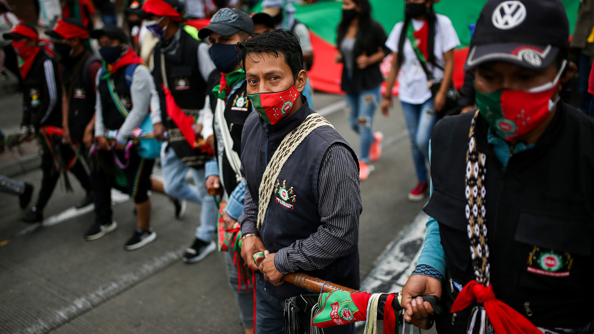 Indigenous people march in the Colombian capital, Bogotá