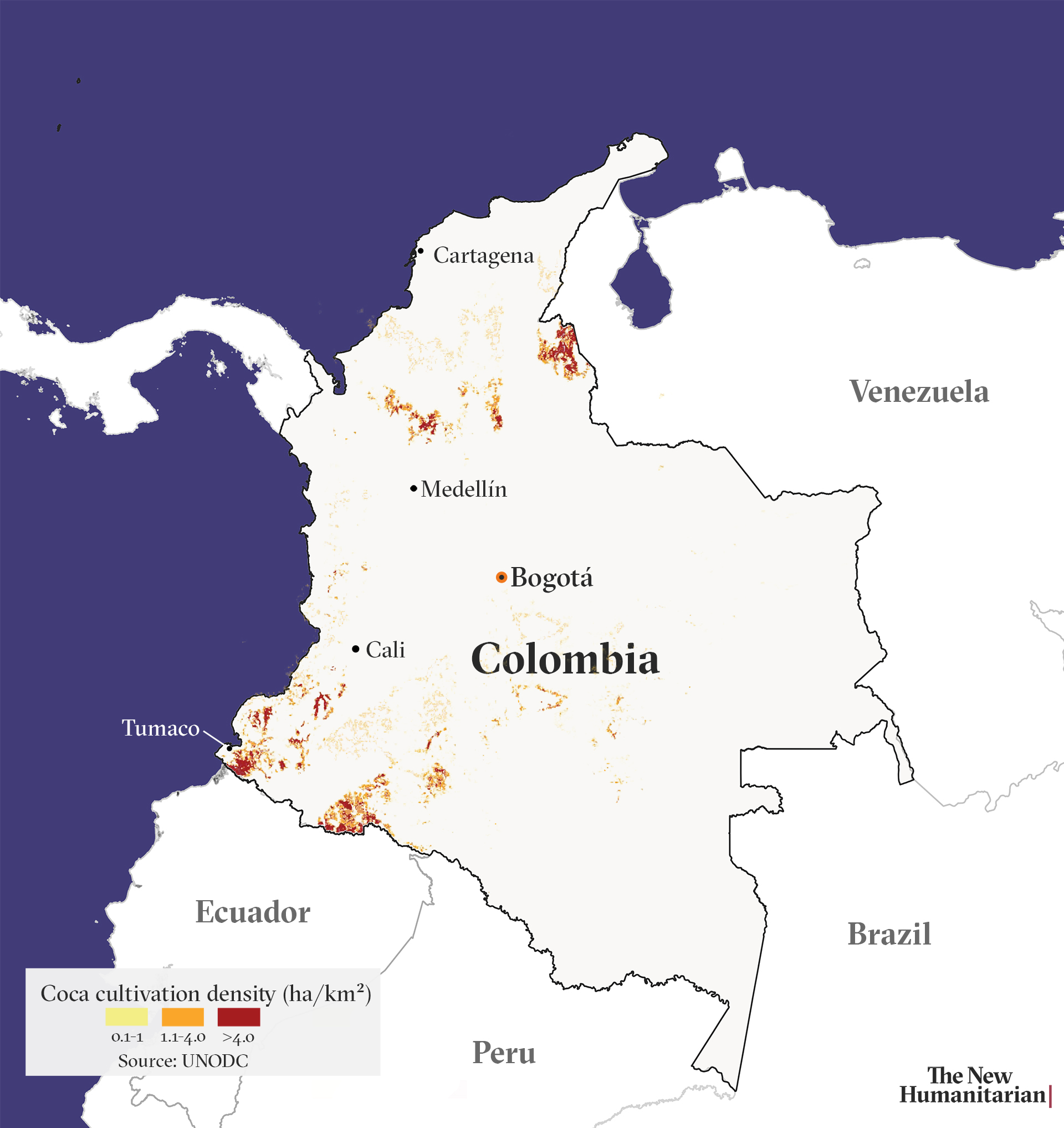 Map of Colombia showing Coca growing regions