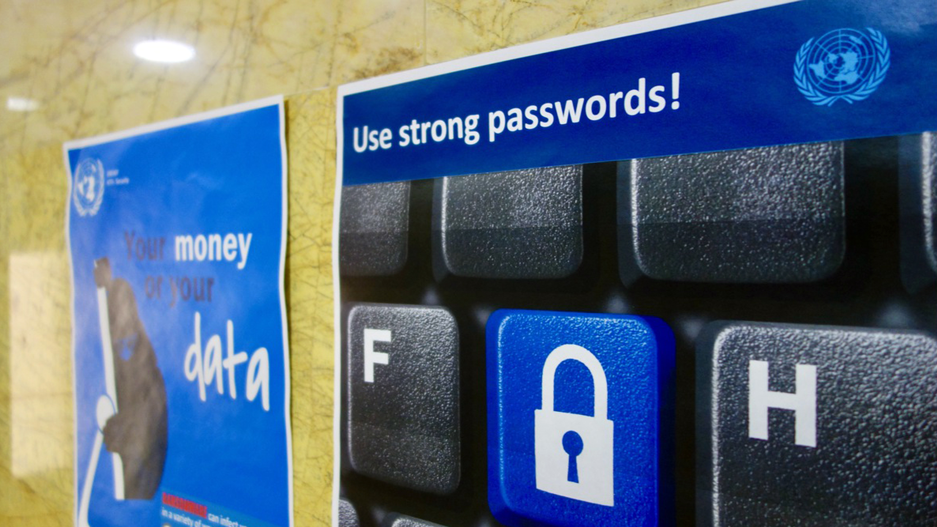 Posters about cyber security in the office of the UN Special Envoy for Yemen in Amman, Jordan.
