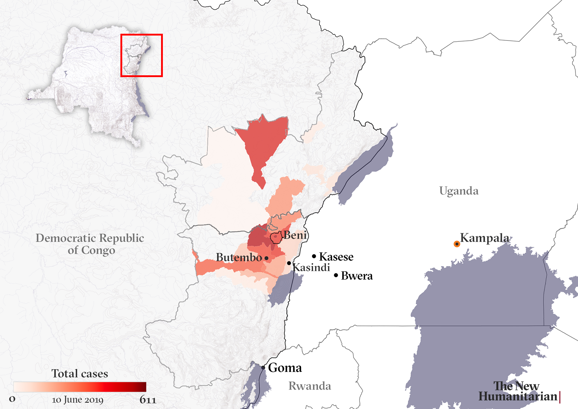Map of Democratic Republic of Congo (DRC) and Uganda showing Ebola cases