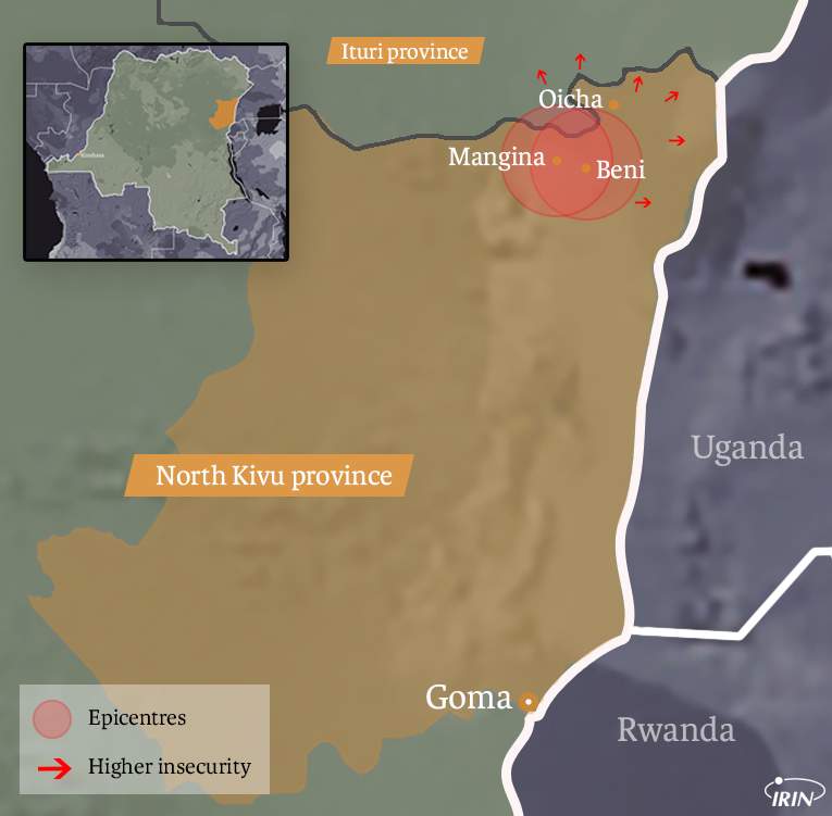 Map of North-Kivu province in Democratic Republic of the Congo showing 30 August Ebola outbreak epicentres, and towns of Beni, Mangina, and Oicha