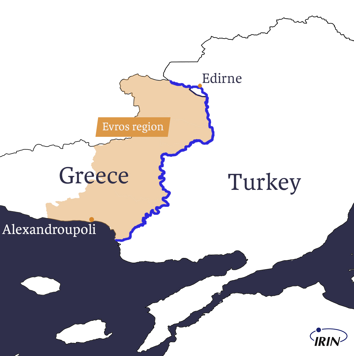 Map of border between Greece and Turkey showing Evros, Meric river, Edirne, and Alexandroupoli