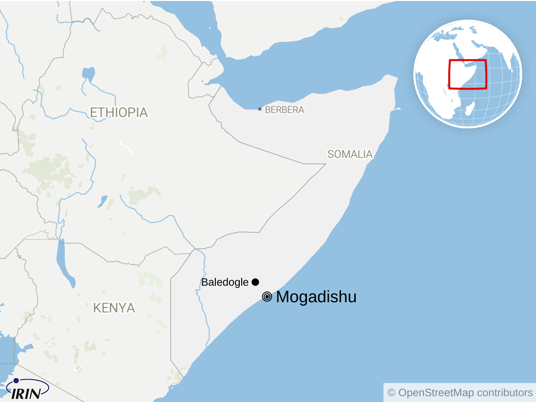 Map of Somalia showing Mogadishu and Baledogle