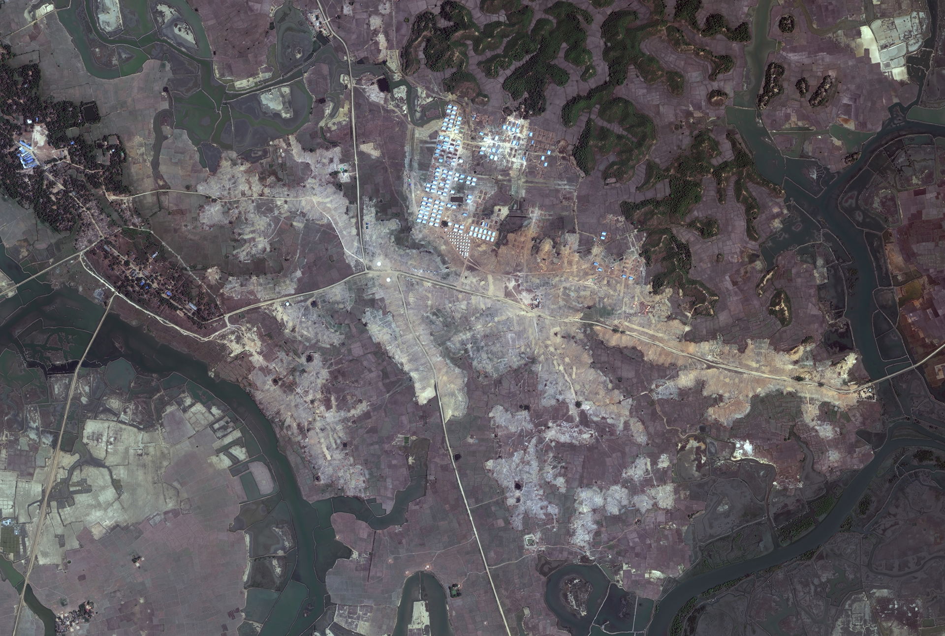 A satellite image taken on 27 February 2018 village shows extensive new construction south of Hla Poe Kaung village in Myanmar’s northern Rakhine State.