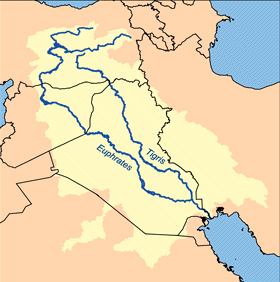 A map showing the passages of the rivers Tigris and Euphrates through Iraq.