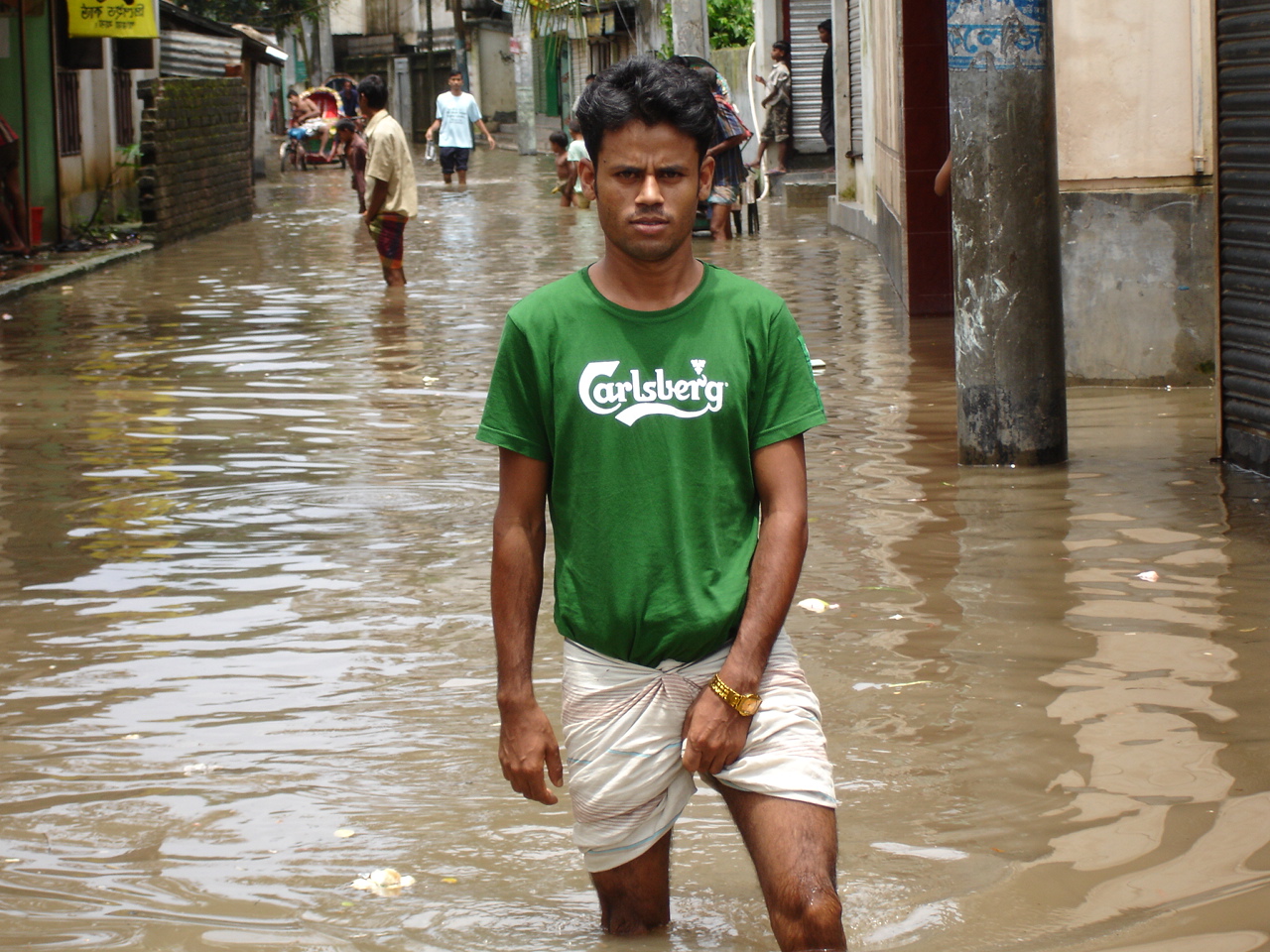 A flood-affected street in Kalachadpur, Dhaka, the Bangladeshi capital. Each year large portions of the city are flooded during the annual monsoon.
