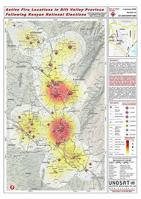 UNOSAT map of active fires in a part of Kenya's Rift Valley Province showing likely areas of post-election arson and clashes. Released 4 January 2008.