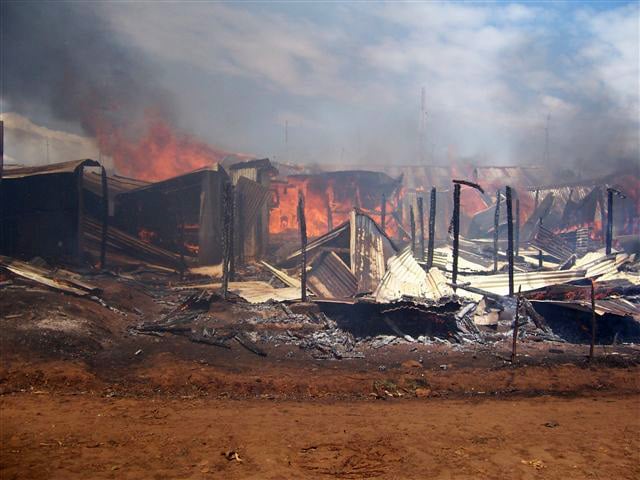 Fire guts down property that was allegedly set on fire by the rival political supporters during the on going post election violence in Kenya, Eldoret, Kenya. January 2008. Majority of people have been displaced following the post election violence that ha