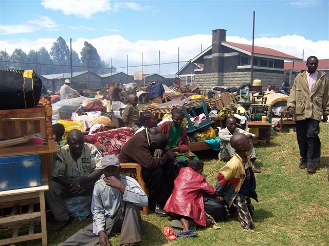 Internally displaced people seek shelter at church grounds in Kericho, Kenya. January 2008. Majority of people have been displaced following the post election violence that has been rampant in most parts of Kenya.