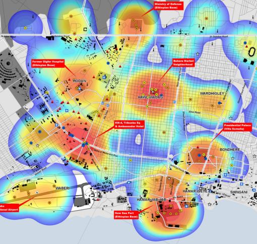 A map of reported security incidents in Mogadishu from UNOSAT released 22 April 2008. Conflict hotspots are coloured red. Detailed PDF available at the UNOSAT web site.
