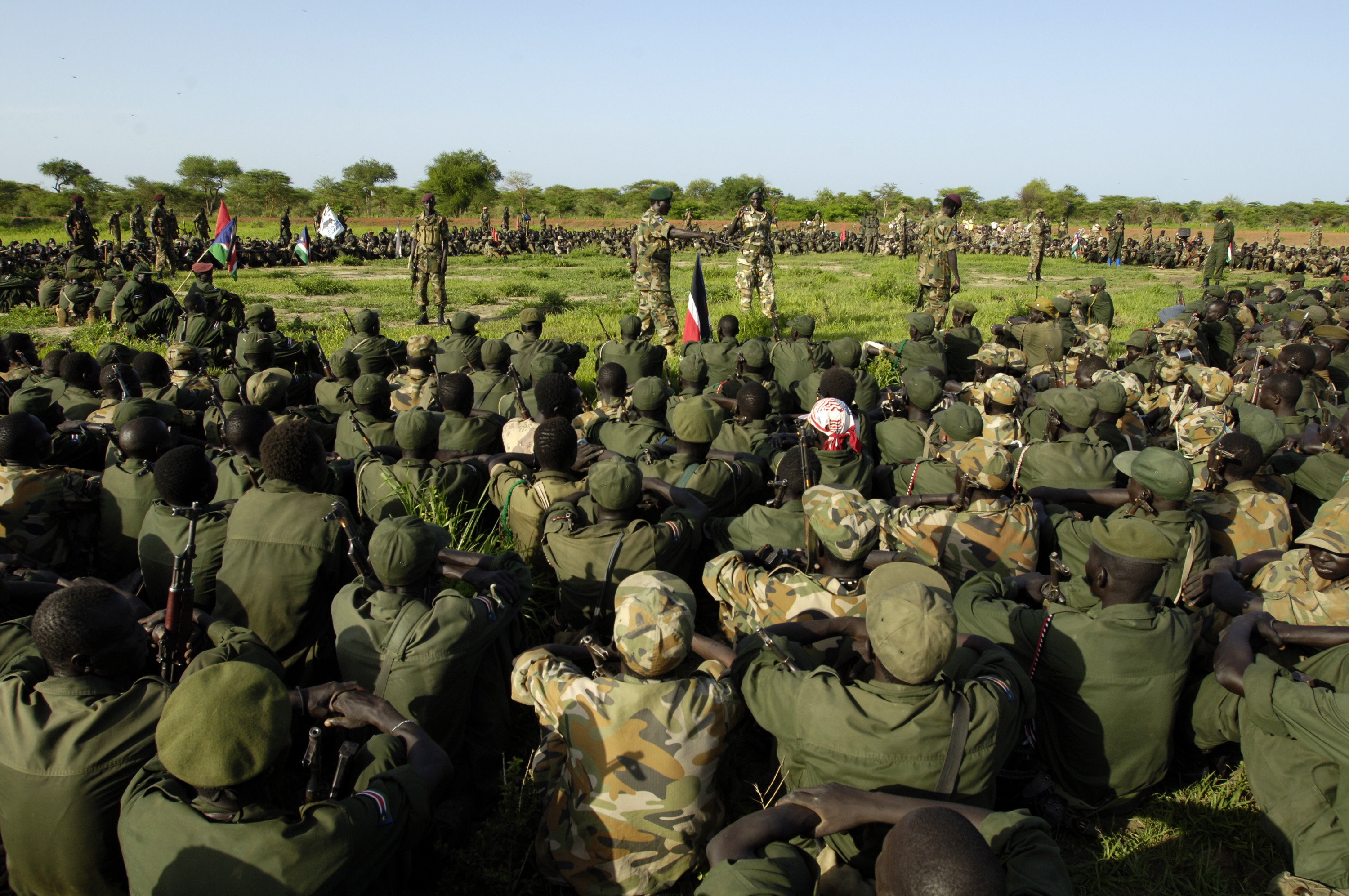 SPLA soldiers redeploy south from the Abyei area in line with the road map to resolve the Abyei crisis. Sudan. June 2008.