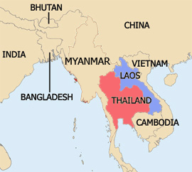 A map of Thailand, Laos and the surrounding region.