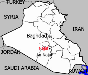 A map of Iraq highlighting Najaf city in An-Najaf Province.