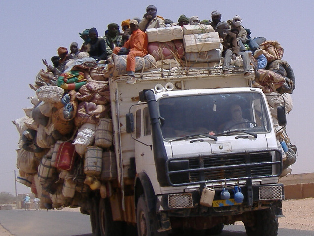 A truck of smuggled migrants leaving Agadez to cross the Sahara desert into Libya and Algeria.