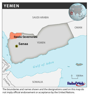 A map of Yemen highlighting Saada Governorate