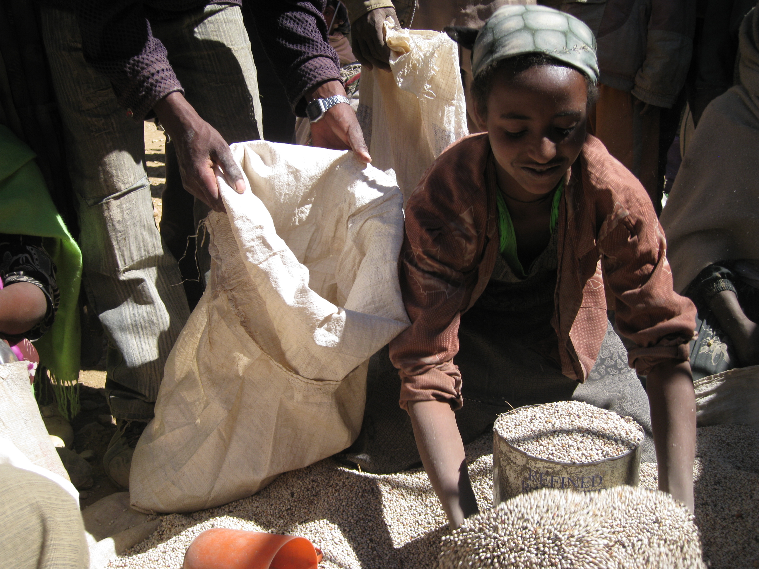 Distribution of relief aid - sorghum - to residents of Zarema village, Atsbi Womberta woreda in Tigray region