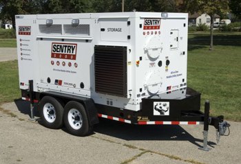 The Sentry 5000 Mobile Utility System, a multifunctional enclosed trailer unit capable of providing quickly deployable electrical power, heating and cooling, purified water, communication and lighting as a single, self-contained towable unit