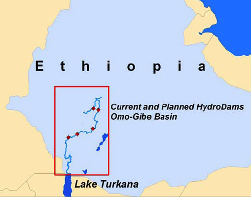 A map showing the current and planned Hydro Dams, along the Omo - Gibe Basin