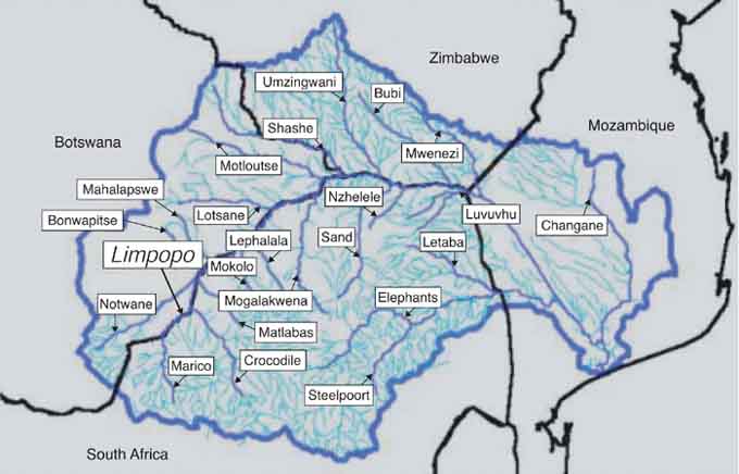 Major rivers and streams within the Limpopo River Basin (<a href=