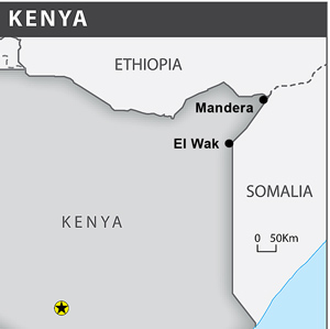 Map of Kenya showing Mandera and El Wak towns in the North-east