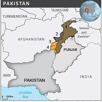 1-Northwest Frontier Province 2-Federally Administered Tribal Areas 3-North Waziristan 4-South Waziristan. Based on OCHA/ReliefWeb