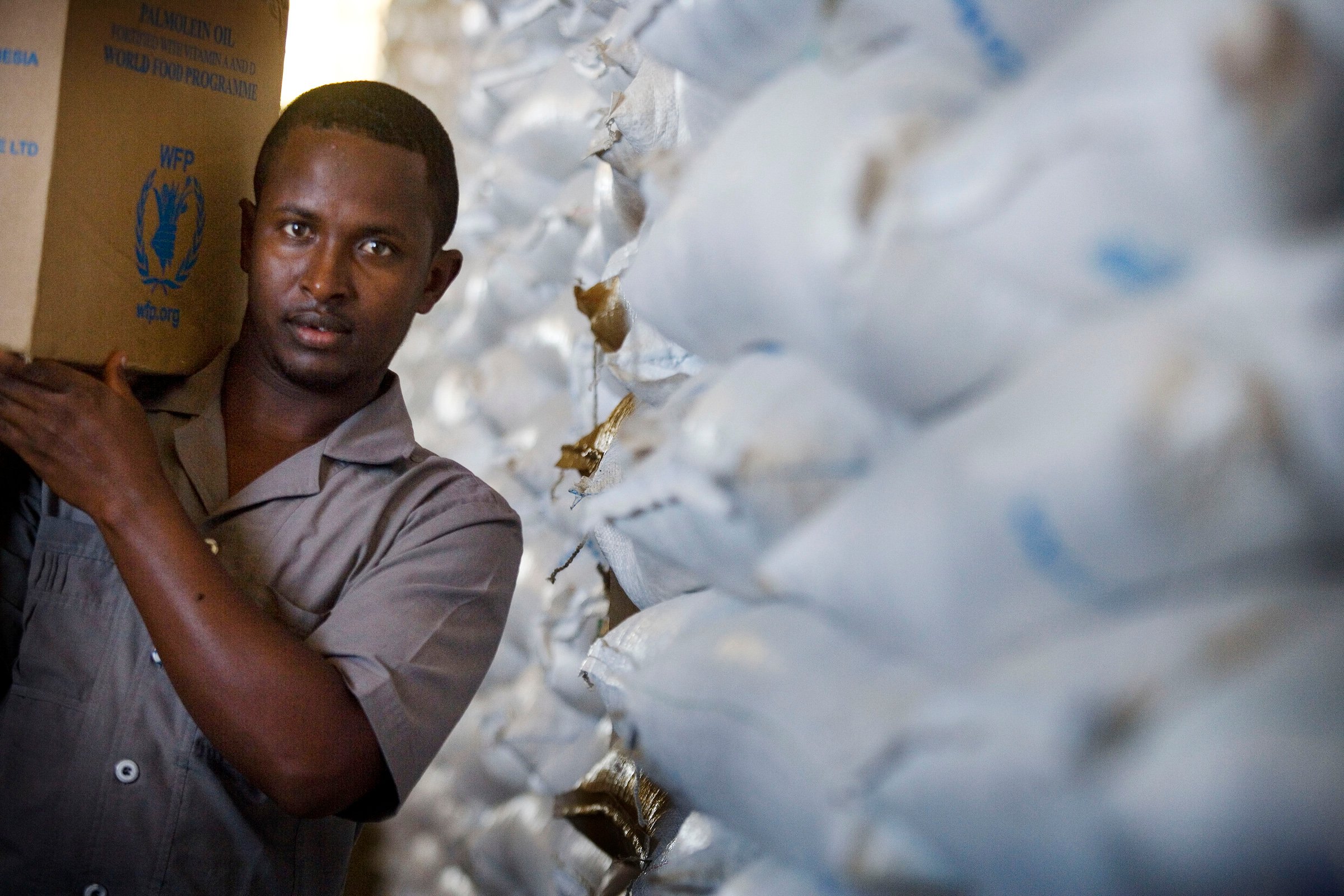 Relief food at a WFP warehouse in Mogadishu, Somalia