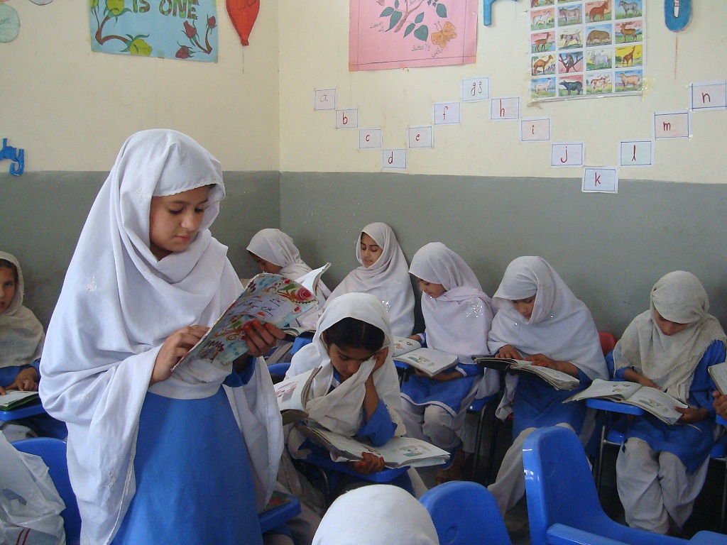 School children attending class at Noor Model School in Shamshatoo, Pakistan