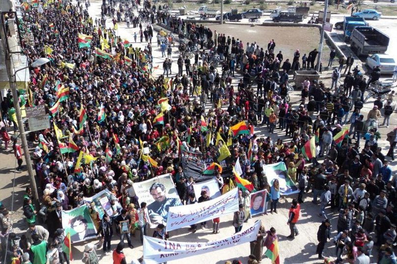 Supporters of the Democratic Union Party (PYD) - the Syrian offshoot of the PKK - hold a rally in the northeastern Kurdish Syrian city of Kobani, carrying portraits of Abdullah Öcalan, the founder of the PKK. Kurds that were once silent in the Syrian upr