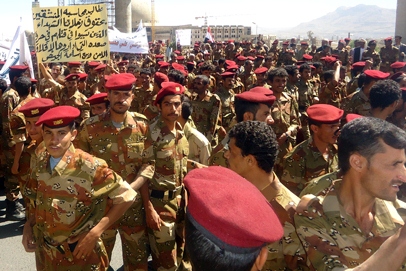 Members of Yemen's army protest against its divided leadership. Part of the army are controlled by former President Ali Abudllah Saleh; while others are controlled by Gen. Ali Mohsen, a military commander who defected in March 2011