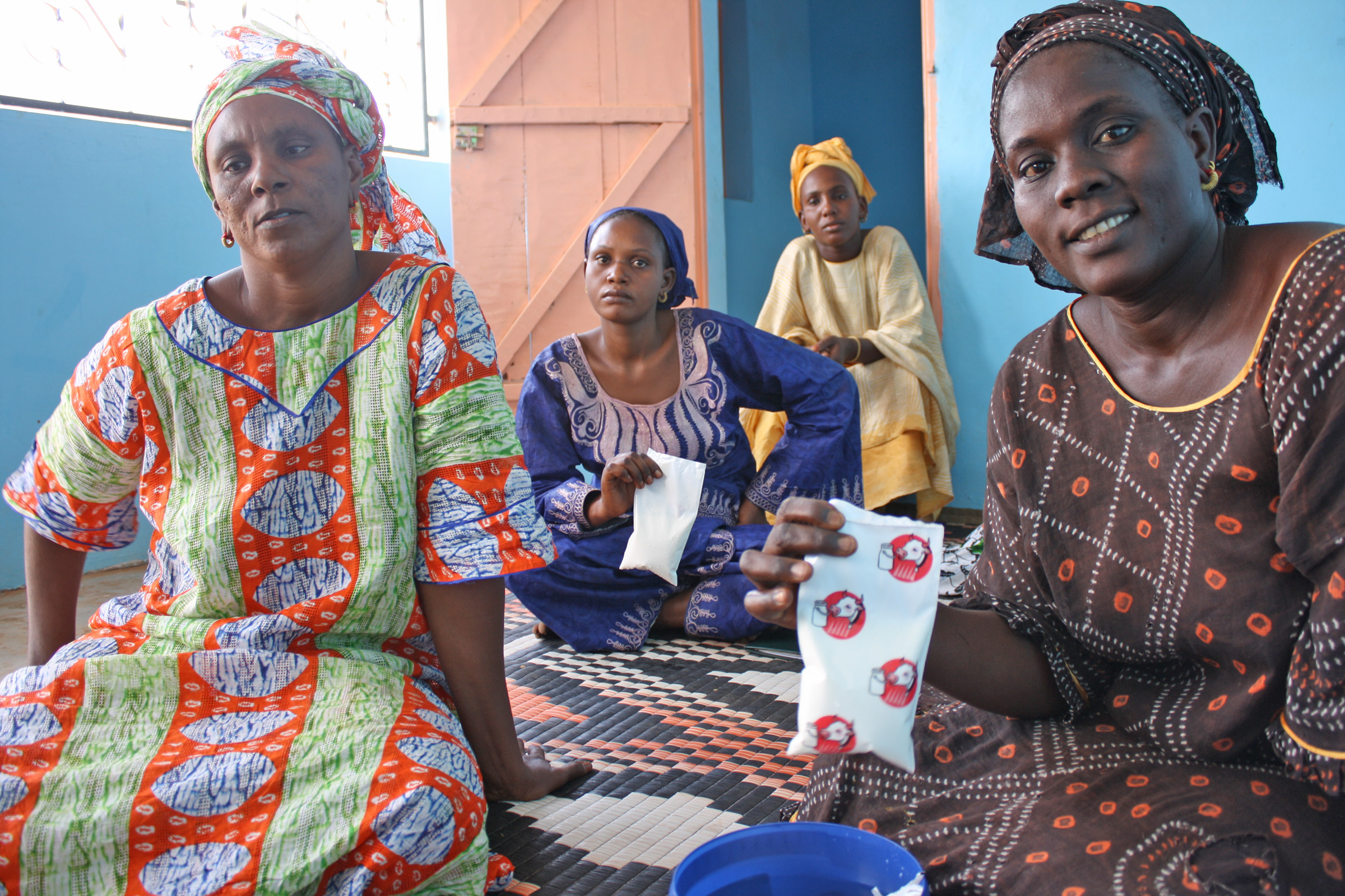 The women of Ari Hara village in Mauritania's Brakna region with sachets of sweetened drinking yoghurt produced in their cooperative
