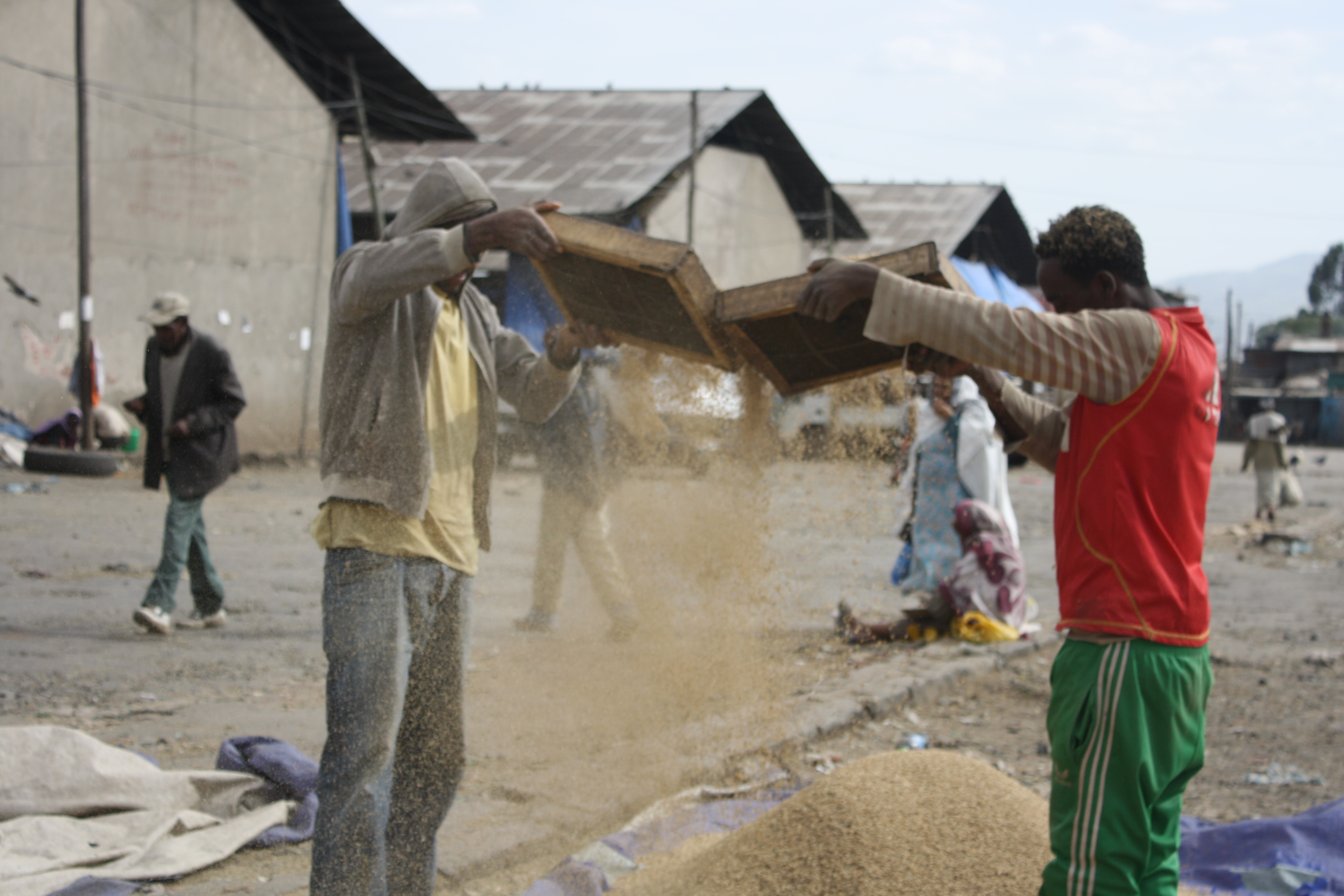 Men sift wheat at Ihil Berenda, the wholesale grain market in Addis Ababa