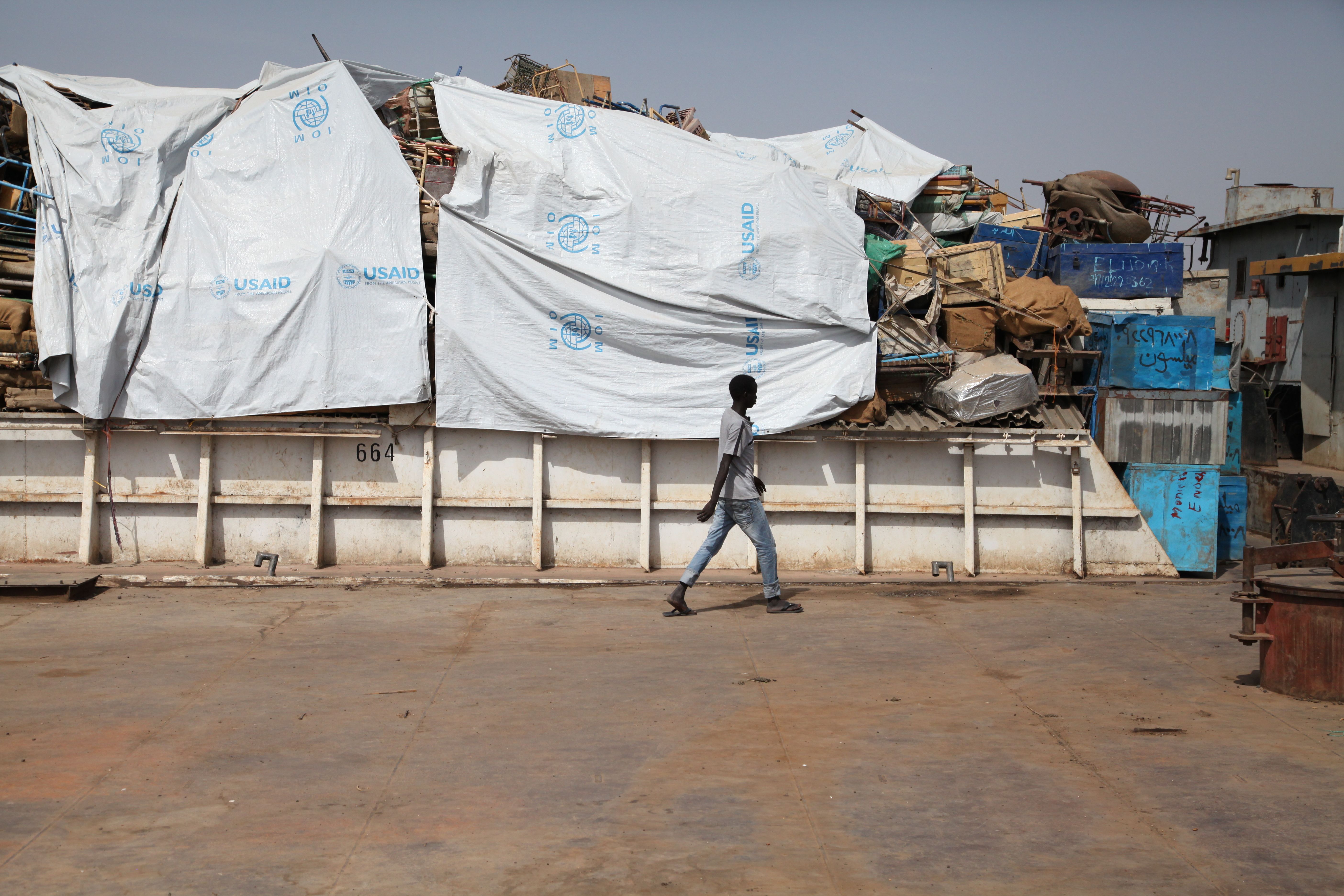A barge laden with the luggage of South Sudanese citizens returning from Sudan, in the river port of Renk, where some 20,000 people are stuck, waiting for onward transport to their places of origin in South Sudan