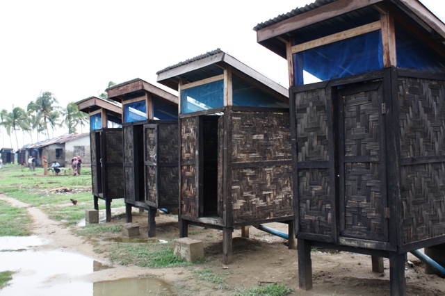 A set of recently constructed latrines at an IDP camp outside Sittwe in Myanmar's western Rakhine State. With the onset of monsoon rains, water and sanitation issues of risen in importance