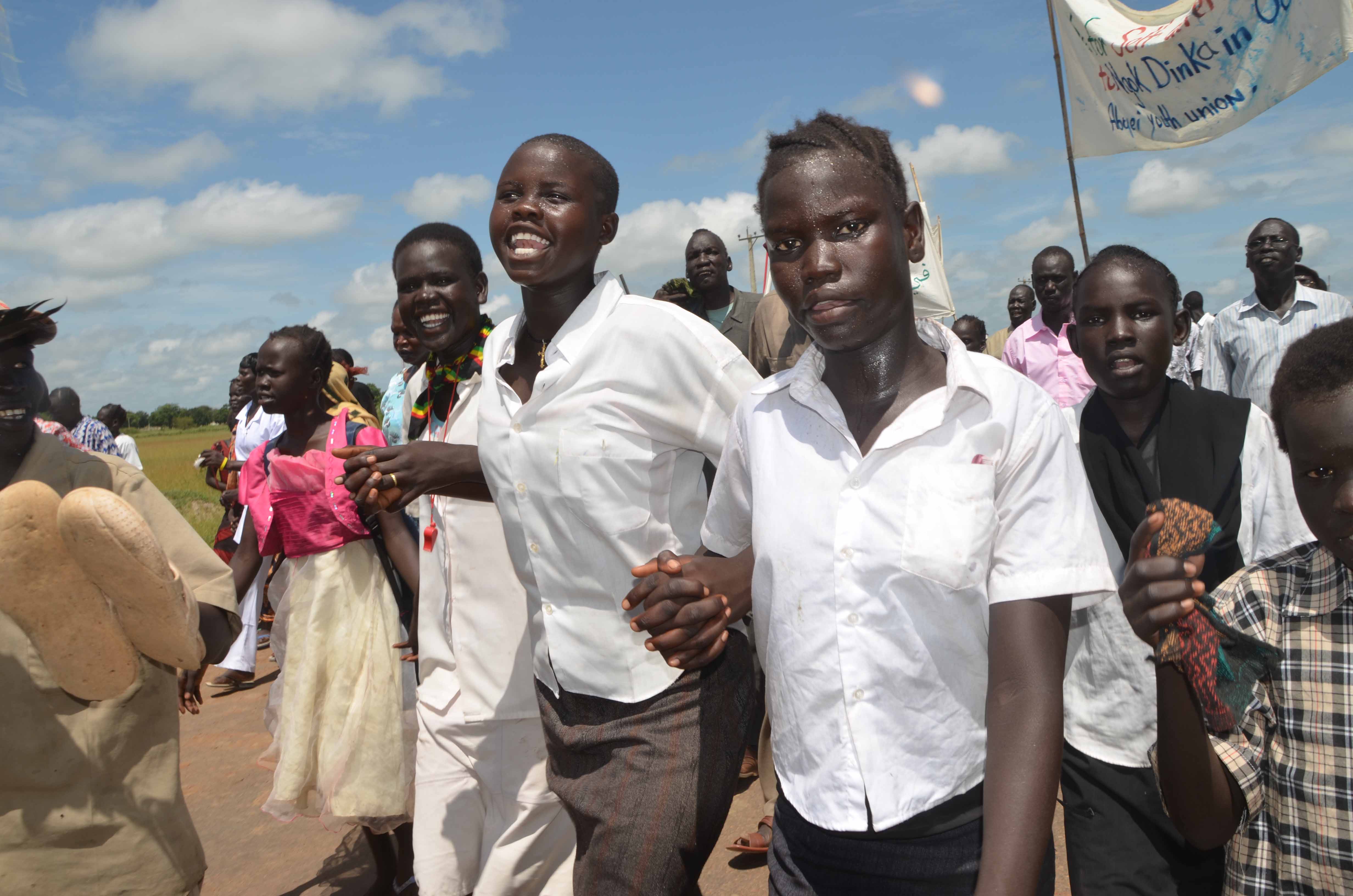Residents of Abyei, a disputed region on the border between Sudan and South Sudan, demonstrate to demand a long-awaited self-determination referendum