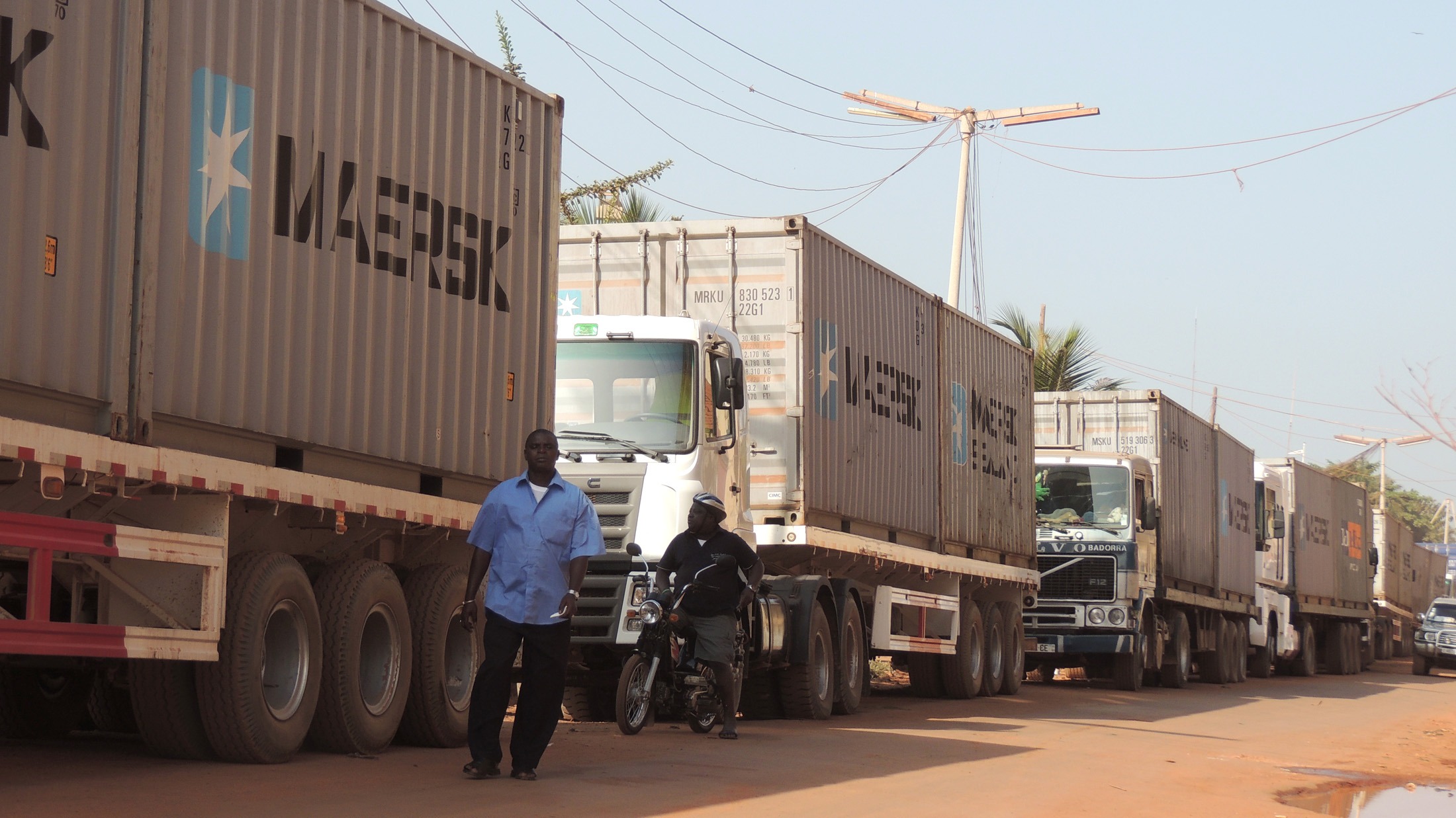 Trucks parked on Amílcar Cabral Avenue in Guinea-Bissau’s capital awaiting to offload wood that environmental activists say has been illegally harvested in the country’s forests