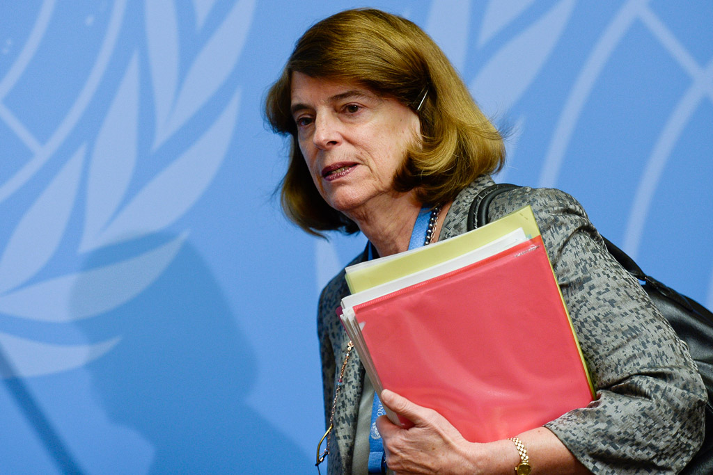 Mary McGowan Davis, Chairperson, Independent Commission of Inquiry on the 2014 Gaza Conflict, at press conference in Geneva.