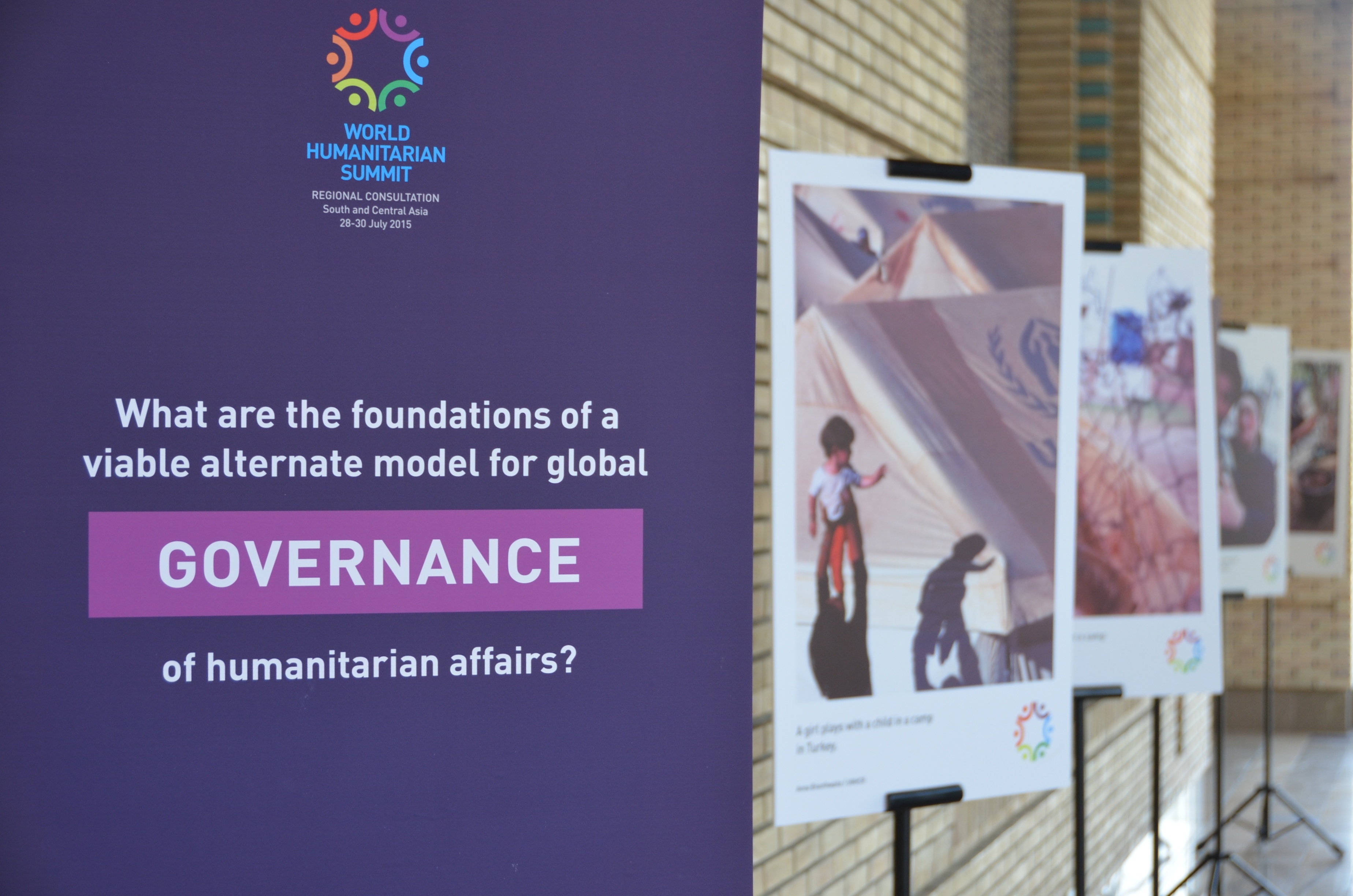 A signboard at the entrance to the World Humanitarian Summit regional consultation for South and Central Asia in the Tajik capital Dushanbe in July 2015.