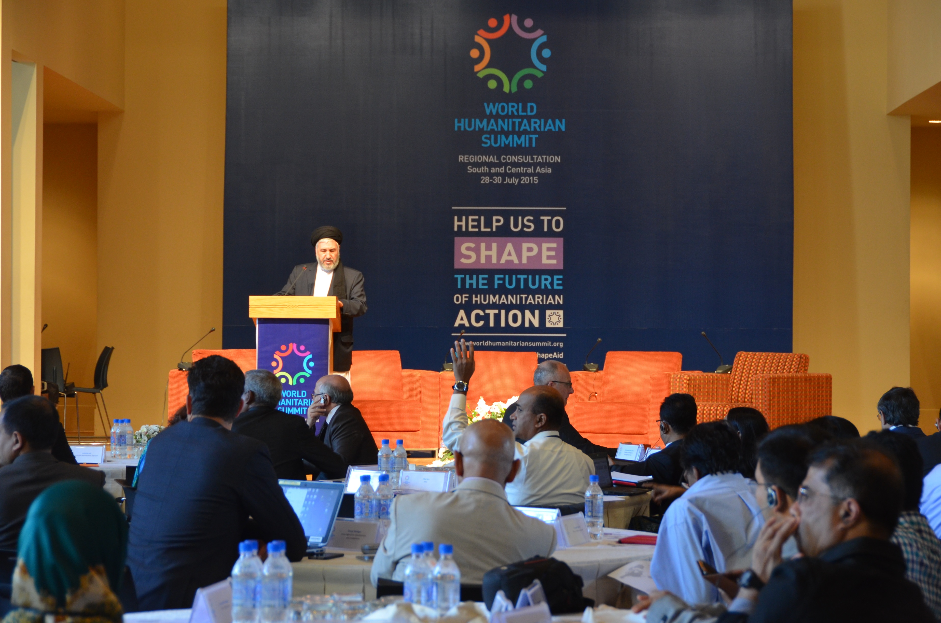 The Afghan minister for refugees and repatration, Sayed Hossein Alimi Balkh, addresses participants at the World Humanitarian Summit regional consultation for South and Central Asia in the Tajik capital Dushanbe in July 2015.