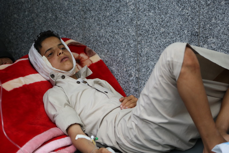 Abdessalam, 15 years old, was wounded in the head and abdomen by anti-aircraft bullets in Sana’a.