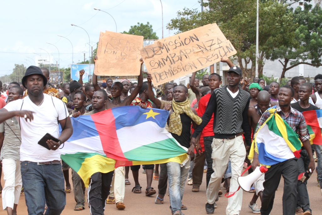 Demonstrators in Bangui after a fresh wave of violence call for the resignation of interim President Catherine Samba-Panza