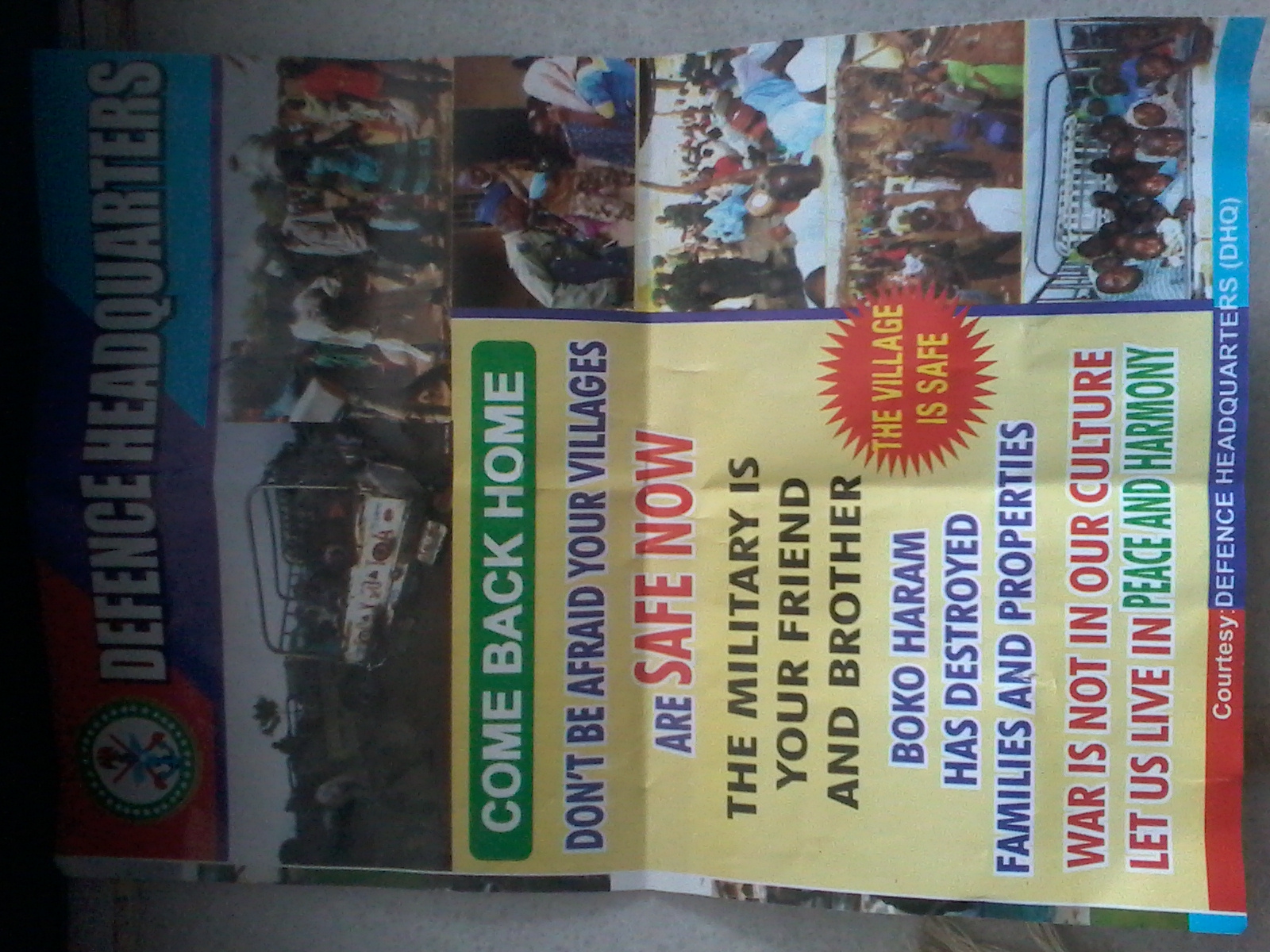 A leaflet the Nigerian government has been distributing in Adamawa State, urging IDPs to return home.